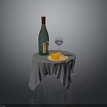 Small Table With Gray Tablecloth Green Wine Bottle Wine Glass And Cheese