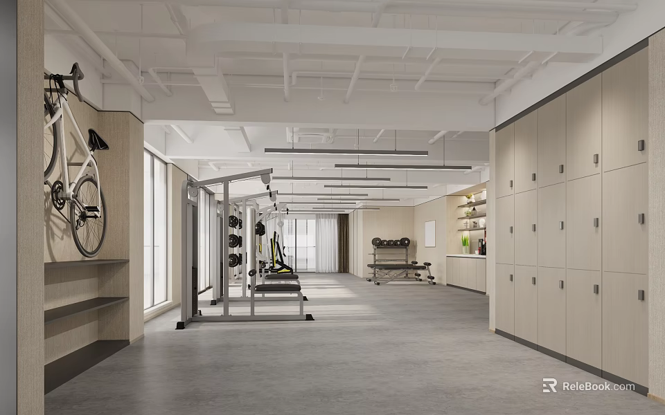 Spacious Bright Gym Interior With Hanging Bicycle Fitness Equipment And Lockers 3d model 