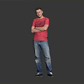 Young Man In Red T-Shirt And Blue Jeans Standing With Arms Crossed On Gray Background