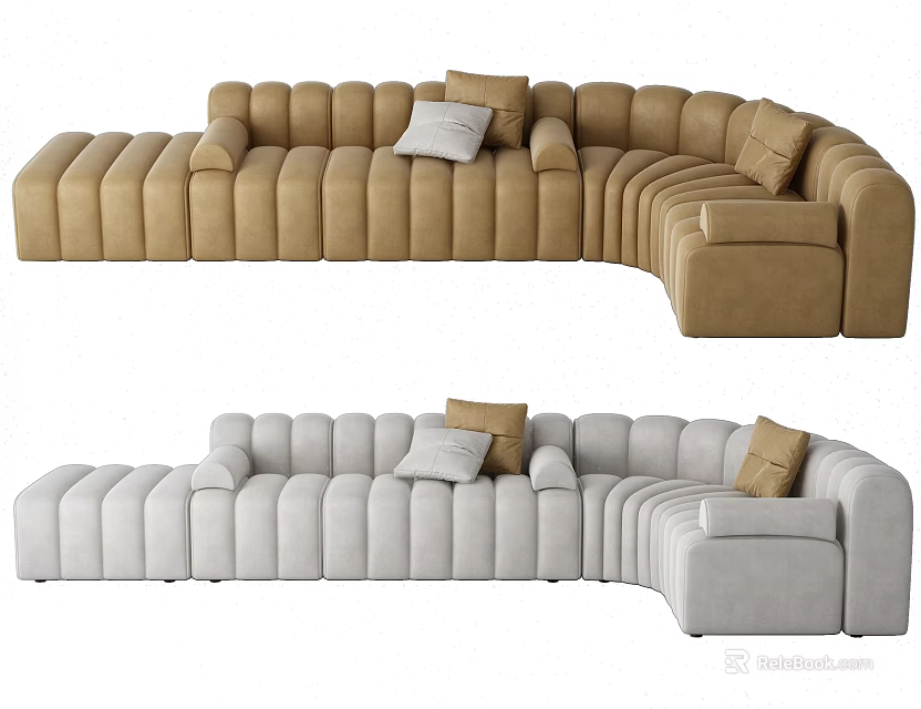 Curved Sofa Set with Beige and Light Gray Design and Decorative Cushions 3d model 