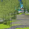 Serene Garden Landscape With Bamboo Trees Stone Steps Lawn White Doves Beach And Blue Sky