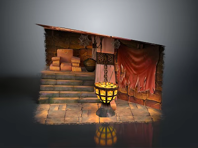 Ancient Themed Scene With Wooden Framing Stone Steps Red Curtain And Hanging Lantern 3d model