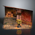 Ancient Themed Scene With Wooden Framing Stone Steps Red Curtain And Hanging Lantern