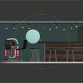 Retro Bar Interior Featuring Neon Drinks Sign Vintage Jukebox And Green Walls