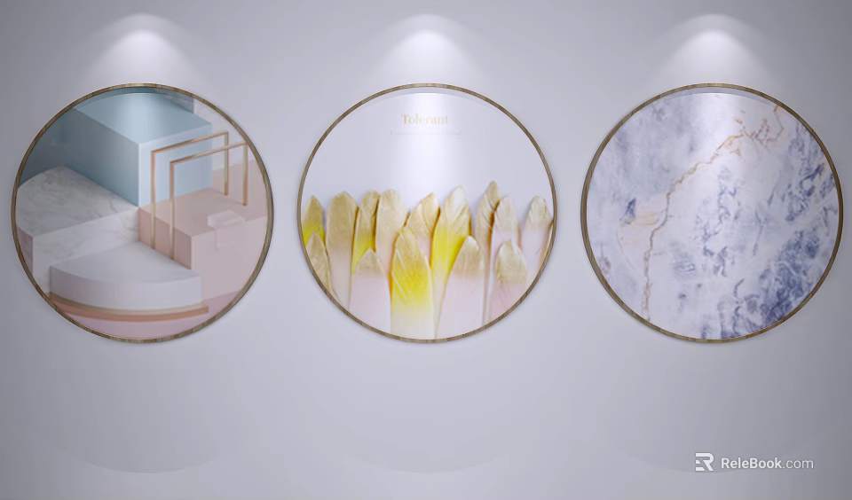 Circular Framed Paintings With Geometric Structure Floral Elements And Marble Texture On White Wall 3d model