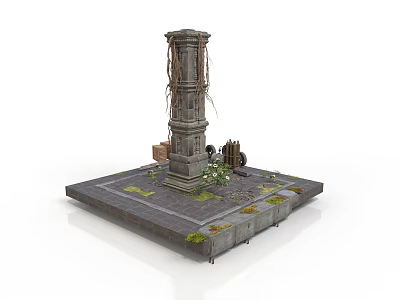 Modern Scene With Stone Pillar Vines Platform Moss And Mechanical Parts 3d model