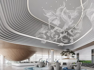 Modern Sales Office Interior With Art Installation And Spacious Seating Area 3d model