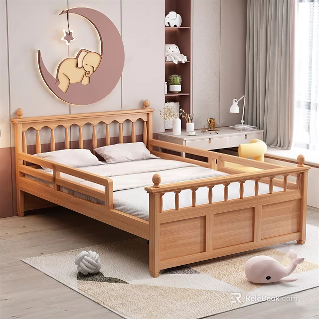 Cozy Wooden Kids Bed With Fence Headboard Desk Lamp And Elephant Decor 3d model 