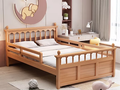 Cozy Wooden Kids Bed With Fence Headboard Desk Lamp And Elephant Decor 3d model