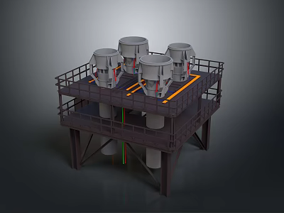 Industrial Platform Structure Featuring Four Cylindrical Machinery Units And Metal Railings 3d model