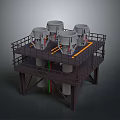 Industrial Platform Structure Featuring Four Cylindrical Machinery Units And Metal Railings