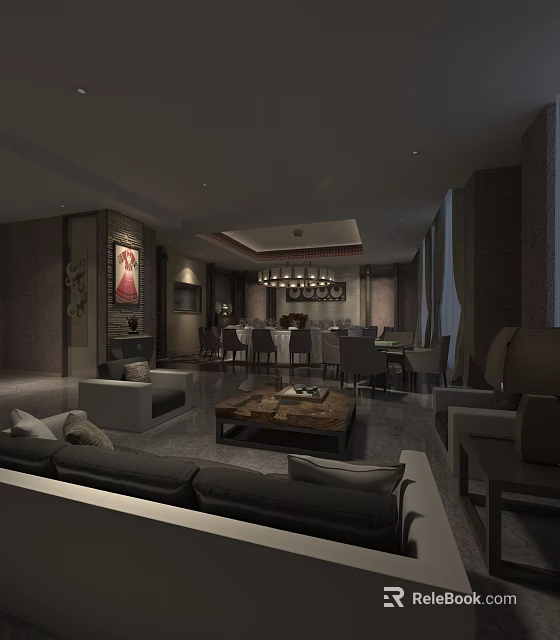 Elegant Banquet Hall Interior With Luxury Sofa Coffee Table Chandelier Dining Table And Decorative Painting 3d model 