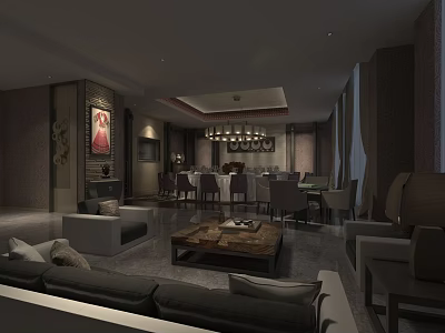 Elegant Banquet Hall Interior With Luxury Sofa Coffee Table Chandelier Dining Table And Decorative Painting 3d model
