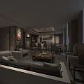 Elegant Banquet Hall Interior With Luxury Sofa Coffee Table Chandelier Dining Table And Decorative Painting