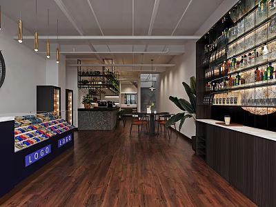 Modern Bar Interior With Wooden Floors Wine Racks And Hanging Lights 3d model