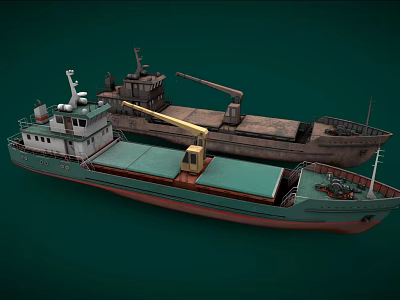 Two Cargo Ships With Crane And Different Colors On Green Background 3d model