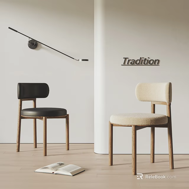 Traditional Dining Chairs With Black Leather And Beige Fabric Seats And Wooden Legs 3d model 