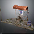 Bus Stop Featuring Red Awning Bench Stone Pavement Lamp Post With Sign And Trash Can