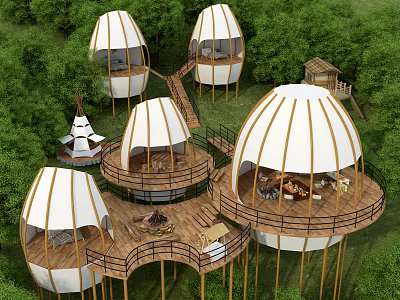 Eco Friendly Egg Shaped Glamping Domes Surrounded by Forest With Wooden Decks And Fire Pit 3d model