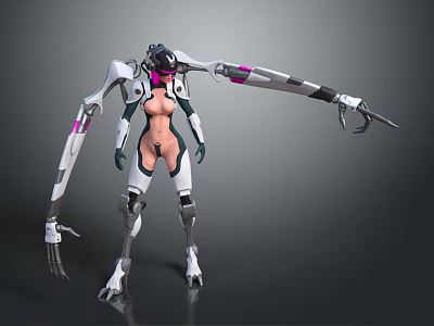 Mechanical Humanoid Game Movie Character With White Black And Pink Details And Clawed Arms 3d model