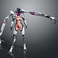 Mechanical Humanoid Game Movie Character With White Black And Pink Details And Clawed Arms