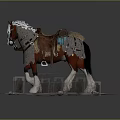 Brown White Horse With Decorative Saddle Blue Blanket Standing On Snowy Ground Dry Grass