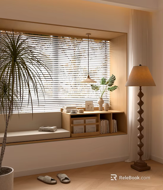 Cozy Bay Window with Blinds Cushion Storage Cabinets and Plants Near Floor Lamp 3d model 