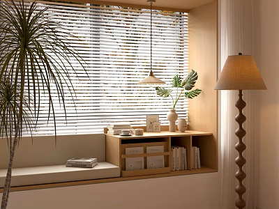 Cozy Bay Window with Blinds Cushion Storage Cabinets and Plants Near Floor Lamp 3d model