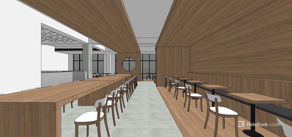 Modern Restaurant Interior With Wooden Ceiling Tables Chairs And Open Layout 3d model