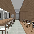 Modern Restaurant Interior With Wooden Ceiling Tables Chairs And Open Layout 3d model