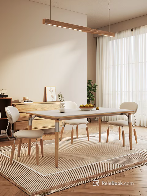 Modern Restaurant Interior With Wooden Dining Table Beige Chairs And Plant Decorations 3d model 
