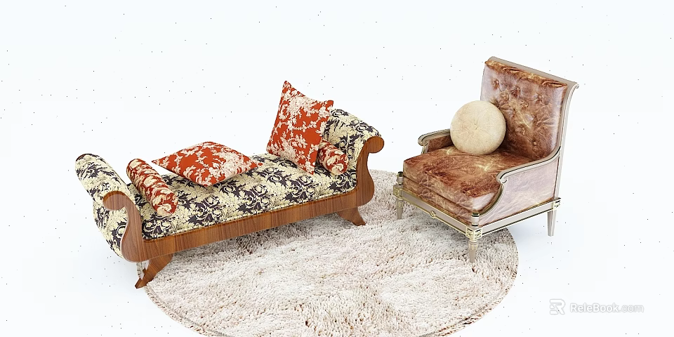 Cozy Single Sofa With Floral Patterned Cushions And Soft Plush Round Rug 3d model