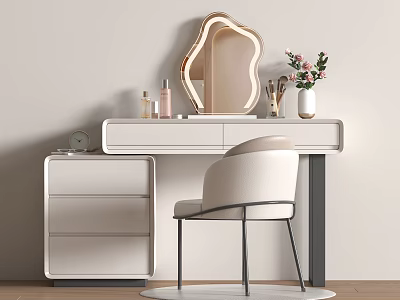 White Dressing Table Interior With Stylish Mirror Beige Chair Flower Vase And Cosmetic Bottles 3d model