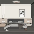 Modern Bedroom Interior With Bedside Tables Decorative Painting Curtains Ceiling Light and Rug