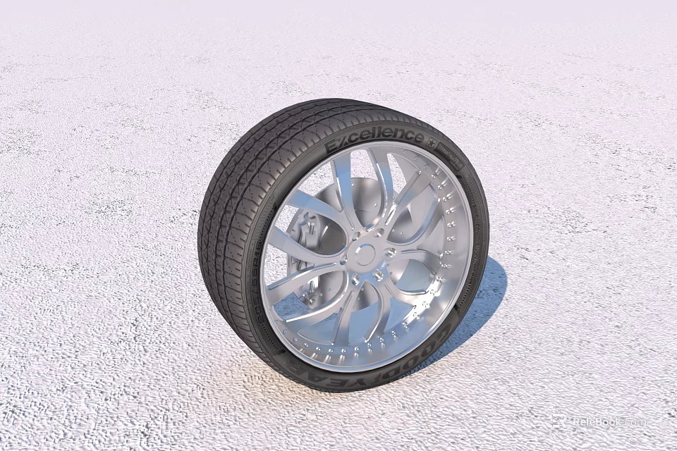 Black Rubber Tire With Silver Alloy Wheel Rim Detailed Design On Light Surface 3d model 