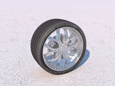 Black Rubber Tire With Silver Alloy Wheel Rim Detailed Design On Light Surface 3d model
