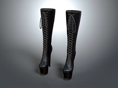 Black Knee High Boots With Lace Up Design And High Heel Platform Soles 3d model