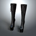 Black Knee High Boots With Lace Up Design And High Heel Platform Soles