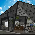 Modern Glass Building With Geometric Roof Metal Frame Indoor Seating Plants And Billboards