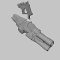 Futuristic Dual Barrel Weapon with Yellow Silver Design and Detailed Top Mounted Part