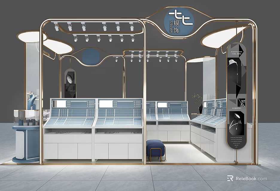 Modern Mall Store Interior With Golden Frame Display Counters And Blue Stool Lighting 3d model 