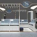 Modern Mall Store Interior With Golden Frame Display Counters And Blue Stool Lighting 3d model