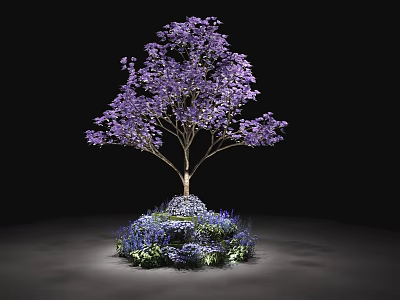 Decorative Tree Pit With Purple Flowering Tree And Blue Surrounding Flowers Illuminated 3d model