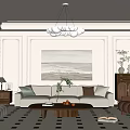 Elegant Living Dining Room Interior With Beige Sofa Brown Armchair Round Coffee Table And Chandelier