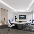 Modern Conference Room Interior With Round Table Blue White Chairs Large Screen And Natural Light