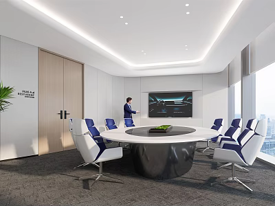 Modern Conference Room Interior With Round Table Blue White Chairs Large Screen And Natural Light 3d model