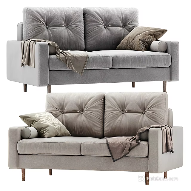 Modern Light Gray Fabric Double Sofa With Tufted Back Pillows And Throw Blankets 3d model 