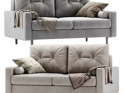 Modern Light Gray Fabric Double Sofa With Tufted Back Pillows And Throw Blankets 3d model