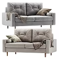 Modern Light Gray Fabric Double Sofa With Tufted Back Pillows And Throw Blankets