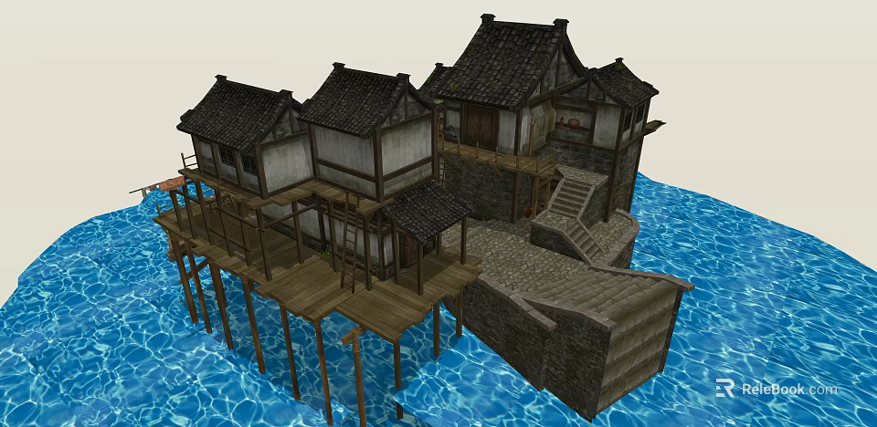 Ancient Chinese Architecture Featuring Black Tile Roofs Wooden Structure Over Water With Platforms And Stairs 3d model 
